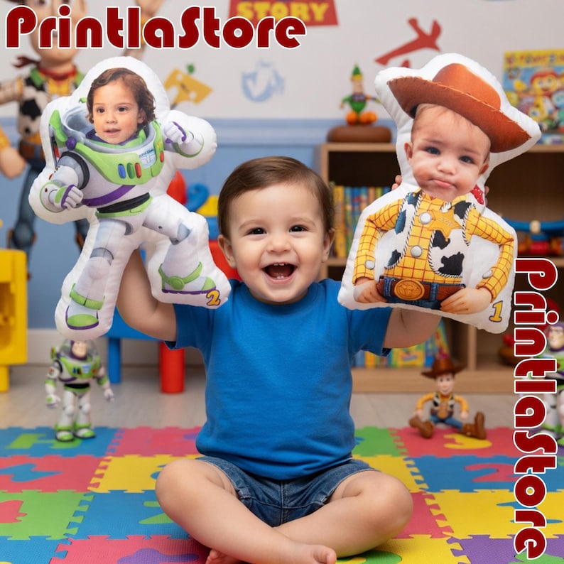 A young child is sitting on the floor, holding up two stuffed animal characters, one of which is a character from the Toy Story franchise. The child appears to be smiling and enjoying the moment.