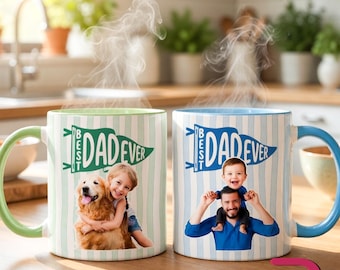 Best Dad Ever Custom Photo Mug, Father’s Day Gift for Dad from Kids Dog Cat, Personalized Striped Coffee Cup