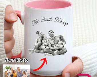 Personalized Family Photo Mug, Custom Picture Mug, Family Portrait Coffee Mug, Custom Family Gift, Photo to Sketch Mug, Family Name Mug