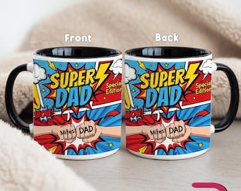 Personalized Super Dad Mug, Comic Style Dad Coffee Cup, Custom Father’s Day Gift from Kids, Daddy Birthday Mug for Dad
