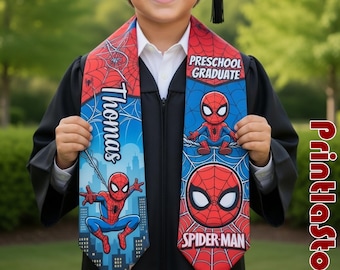 Spiderman Graduation Stole Custom Name, Preschool Graduate Sash Kids Superhero Grad Stole Class of 2026 Kindergarten Outfit