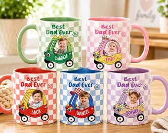 Custom Kids Car Photo Mug – Personalized World’s Best Daddy Checkered Mug, Funny Baby Face Father’s Day Gift 2026 for First Time Dad