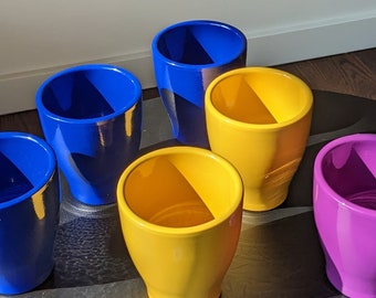 Minimalist Style German Glazed Ceramic Mug Planter Cup Pottery Made in Germany 1980s Marigold Yellow Magenta Purple Cobalt Blue 1980s Small