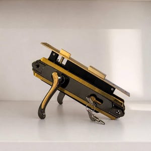 Könnte beinhalten: Ein Einsteckschloss-Mechanismus mit einem dunkelmetallischen Gehäuse, goldfarbenen Verzierungen und einem passenden goldfarbenen Griff. Das Schloss verfügt über ein rechteckiges Stulpblech, eine Federfalle und einen Zylinder mit Schlüssel.
