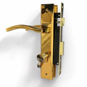 May include: A polished gold-tone door handle set featuring a rectangular backplate, a curved lever handle, and a mortise lock mechanism with a black casing. A metal key is inserted into the cylinder lock, and two additional keys hang from it.