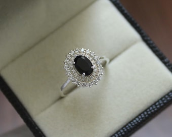 Anillo de ónix negro natural, joyería de plata hecha a mano, delicado anillo de boda.