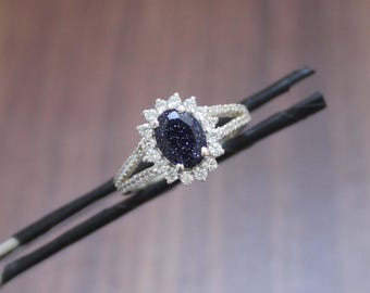 Oval Blue Sandstone Ring: Vintage 925 Sterling Silver Ring