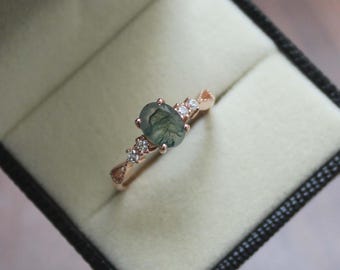 Green Moss Agate Wedding Ring: Solid 925 Sterling Silver Jewelry Rose Gold Ring