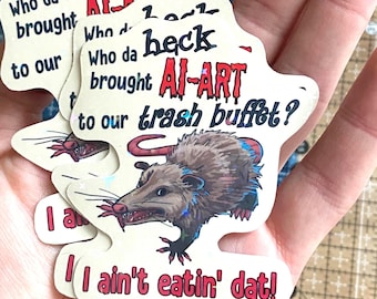 Hand Drawn Anti-AI Possum stickers! Vinyl + holographic laminate.