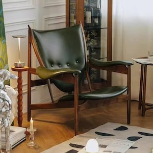 Modern Accent Lounge Chair, Solid Wood Leather Armchair, Minimalist Reading Chair,Mid Century Style, Bedroom Chair,Customize multiple colors