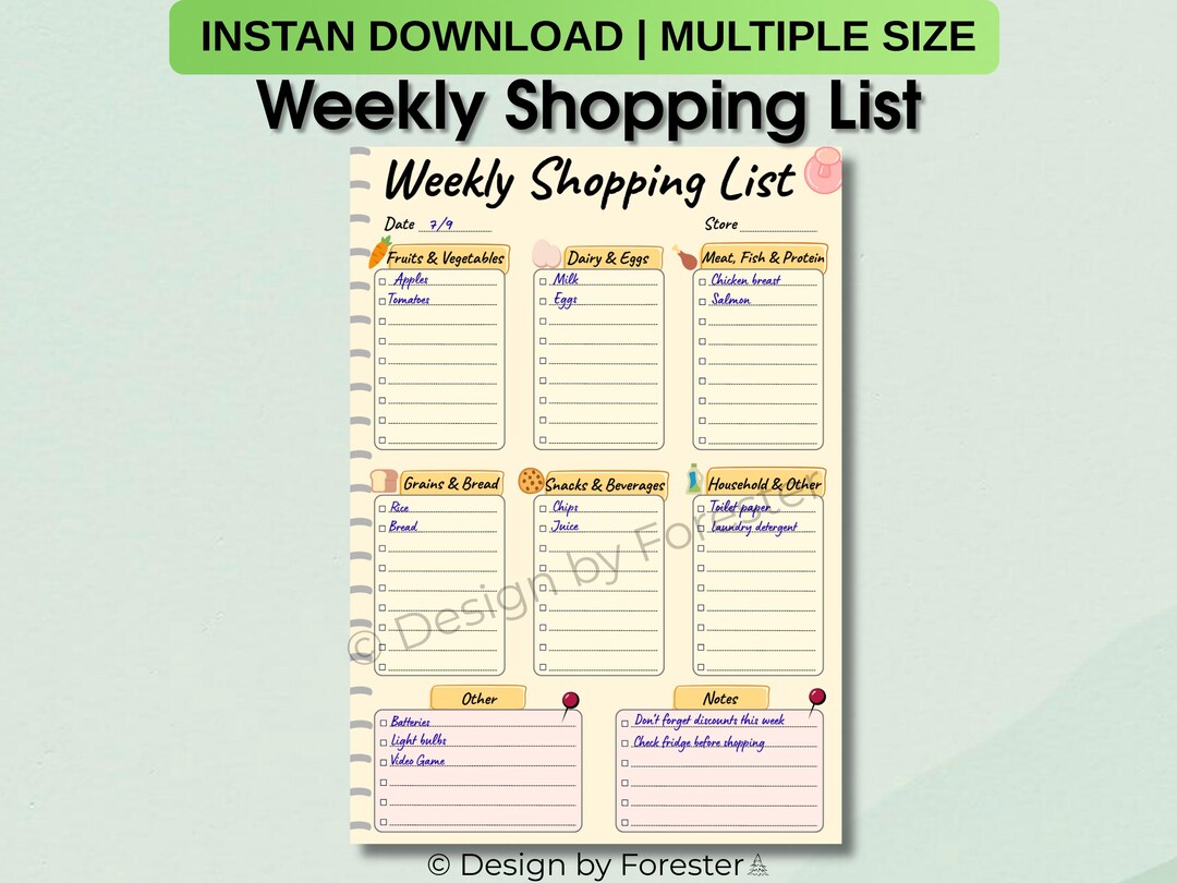Weekly Shop Weekly Shopping List Printable, Grocery Planner (digital Download) - Etsy