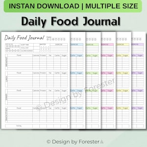 Peut inclure: Téléchargement numérique d'un journal alimentaire quotidien en plusieurs tailles. Le journal comprend des sections pour suivre l'apport alimentaire, les calories, les protéines, les graisses, les glucides et le sucre. Il y a aussi de la place pour le temps de sommeil, l'apport en eau, l'exercice et le nombre total de pas.