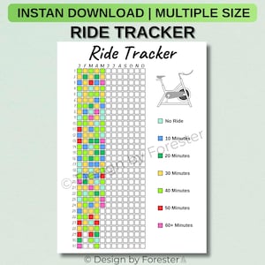 Pode incluir: Um gráfico Ride Tracker imprimível com o texto "Ride Tracker" e "INSTAN DOWNLOAD | MULTIPLE SIZE". O gráfico inclui uma grade para rastrear passeios, codificada por cores por duração, e um gráfico de bicicleta ergométrica.