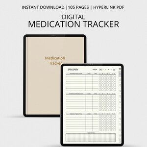 Op de afbeelding: Digitale medicatietracker weergegeven op twee tablets. De tekst "DIGITAL MEDICATION TRACKER" staat bovenaan. Eén tablet toont een omslag met "Medication Tracker" en de andere een januari medicatietrackingtabel.