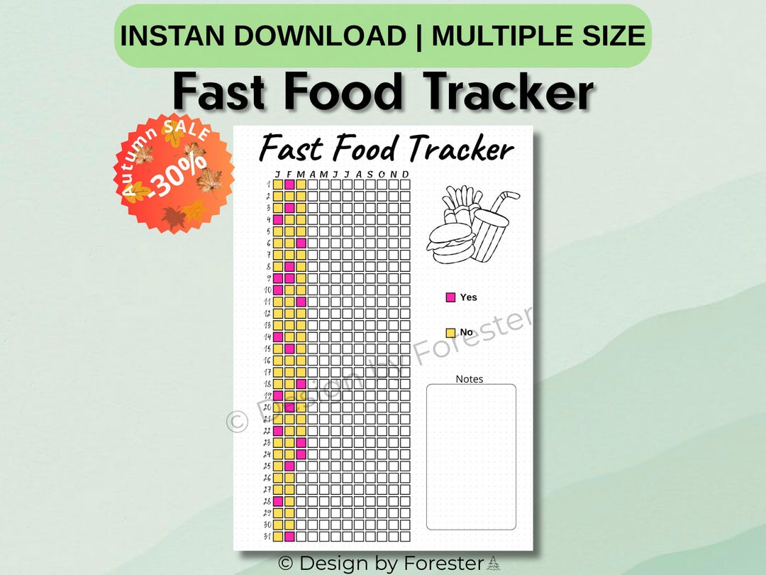 Fast Food Tracker, Yearly Eating Log, Junk Food Habit Tracker, Meal ...
