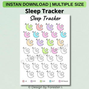 Puede incluir: Un rastreador de sueño imprimible con fondo blanco. El diseño presenta lunas crecientes y estrellas de colores, con el texto "Sleep Tracker". El rastreador incluye casillas codificadas por colores para rastrear la duración del sueño.