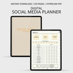 May include: Digital Social Media Planner displayed on two tablets. The planner includes sections for yearly post tracking, monthly to-do lists, and a password log. The text "Social Media Planner" is visible. The planner is available as an instant download with 129 pages.