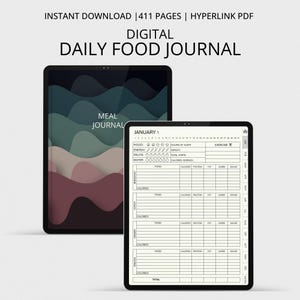 May include: Digital daily food journal displayed on two tablets. One tablet shows a cover with abstract shapes, the other displays a daily food log with sections for meals, calories, and nutrients. Text includes "Daily Food Journal."