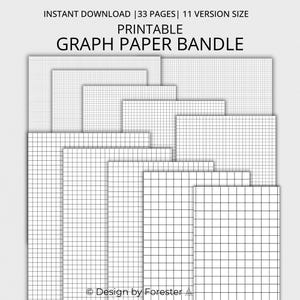 Puede incluir: Una colección de hojas de papel cuadriculado imprimibles en varios tamaños. Las hojas son blancas con líneas de cuadrícula negras. El texto en la parte superior dice "INSTANT DOWNLOAD | 33 PAGES | 11 VERSION SIZE PRINTABLE GRAPH PAPER BANDLE". El diseño es de Forester.