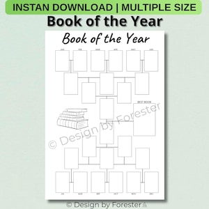 Op de afbeelding: Een zwart-wit afdrukbare "Boek van het Jaar"-grafiek. De grafiek bevat ruimtes voor maandelijkse boekselecties, een "Beste Boek"-sectie en een illustratie van een stapel boeken. Tekst bevat "Book of the Year" en "INSTAN DOWNLOAD | MULTIPLE SIZE".