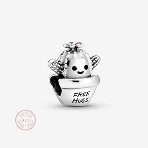 Cactus sterling silver charm with black and raspberry pink enamel, S925 Sterling Silver Charms, Fits Europe Charm Bracelets and necklace