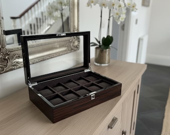 Personalisiertes Geschenk Holz Uhrenbox Fall - 10 Slots Wildleder Kissen | Premium Build Uhrengehäuse Lagerung