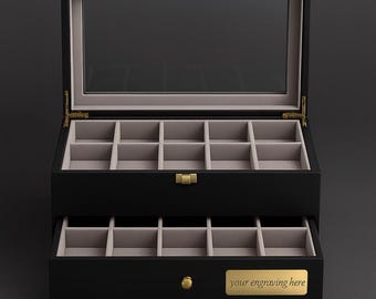 Personalisierte Klavierschwarze 20-Slot-Uhrenbox: Vitrine mit Gravur