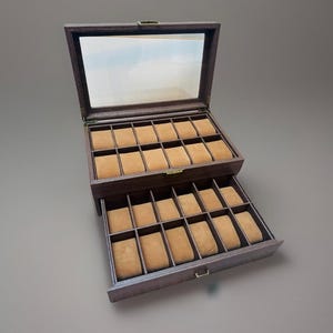 Luxury 24 Watch Display Case – Rustic Wood Effect Watch Storage Box with Glass Top, Drawer & Brass Hinges, Gift for Him