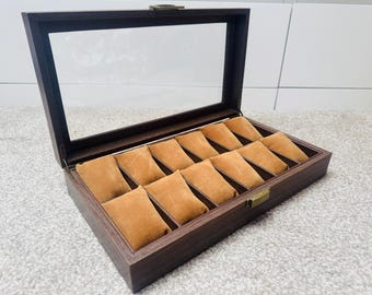 12-Slot Wooden Watch Display Case: Glass Lid Storage Box