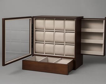 Gepersonaliseerde luxe horlogedoos met 12 sleuven - op maat gemaakte gegraveerde horlogevitrine met plaquette - elegant horloge sieraden organizer cadeau voor hem
