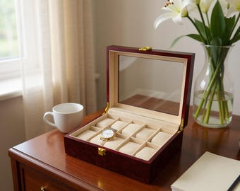 Caja de reloj de madera color rojo cereza personalizada: Expositor de cristal con 10 ranuras