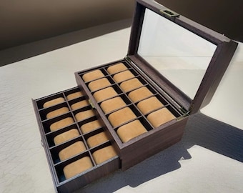 Luxe houten horlogevitrine – 24-vaks opberger voor verzamelaars met glazen deksel en optioneel gepersonaliseerde plaquette – Premium opbergdoos voor horloges