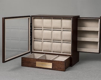 Personalisierte maßgeschneiderte Uhrenbox - Luxusgeschenk für ihn individuell gravierte Uhrenvitrine mit Plakette - eleganter Uhrenschmuck-Organizer