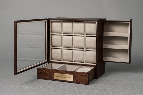 Personalised Bespoke Watch Box - Luxury Gift For Him Custom Engraved Watch Display Case with Plaque - Elegant Watch Jewellery Organizer
