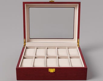 Kirschrote Holz-Uhrenbox: 10-Slot-Vitrine mit Innenfutter aus Wildleder