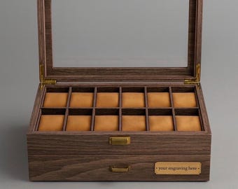 Personalisierte Luxus 24 Slot Uhrenbox - Individuell gravierte Uhren Vitrine mit Plakette - Elegantes Uhren Organizer Geschenk für Ihn