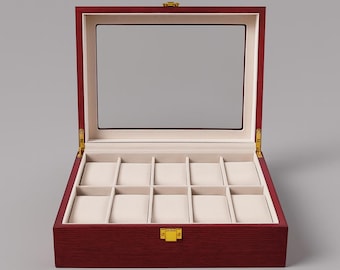 Personalisierte Kirschrote Hölzerne Uhrenbox: 10-Slot Glas Top Display