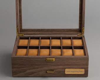 Personalisierte Luxus-Uhrenbox mit 24 Slots – Individuell gravierte Uhrenvitrine mit Plakette – Elegantes Uhren-Organizer-Geschenk für Ihn