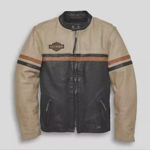 Vintage Harley-Davidson Leather Biker Jacket - Men&#39;s Beige HD Riding Gear