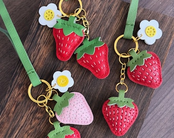 Leather strawberry Bag Charm, Handmade Leather Bag Charm, Leather Handbag and Purse Charm, Cute strawberry Keychain Charm