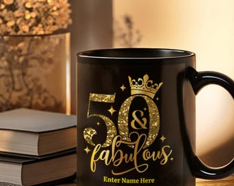 Personalized 50 & Fabulous Black Ceramic Mug – Custom Name Milestone Birthday Gift for Women Turning 50