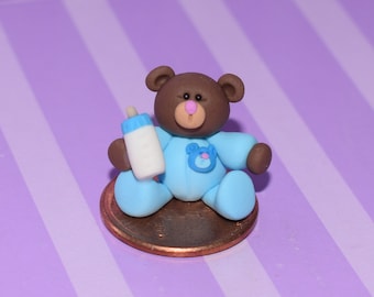 Miniature Baby Bear in Blue with Baby Bottle