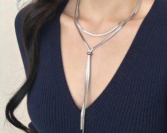 Adjustable 925 Silver Choker Y Necklace Snake Chain Layered Lariat Necklace Women Minimalist Long Drop Jewelry Sleek Pull Through Gift