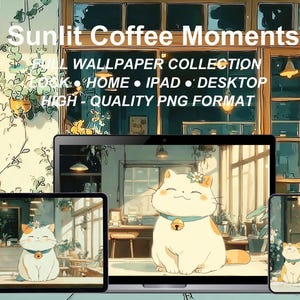 Puede incluir: Colección de fondos de pantalla digitales con un gato de dibujos animados con una corona de flores y un collar de campana, que se muestra en una computadora portátil, una tableta y un teléfono. La imagen tiene el texto "Sunlit Coffee Moments" y "Full Wallpaper Collection". El fondo muestra una cafetería.
