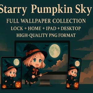 Può includere: Raccolta di sfondi digitali intitolata "Starry Pumpkin Sky". L'immagine presenta un personaggio di una strega dei cartoni animati con un tema di zucca e luna, visualizzato su un monitor di computer, tablet e smartphone. Il testo indica il formato PNG di alta qualità.