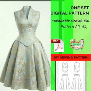 Könnte beinhalten: Hellblaues und goldfarbenes Kleid mit floralem Muster, V-Ausschnitt und weitem Rock. Das Bild enthält den Text "ONE SET DIGITAL PATTERN" und "DIY SEWING PATTERN". Erhältlich in den Größen XS-XXL.