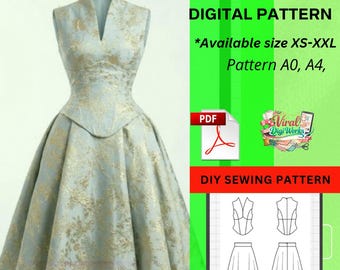 Vintage Corset Dress Sewing Pattern, Elegant Evening Gown Bodice Skirt (PDF Download)
