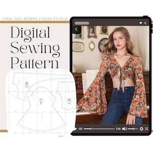 May include: Digital sewing pattern with a floral print top and a pattern layout. The top has long, flared sleeves and a tie front. The pattern layout shows the different pieces needed to create the top. The text "Digital Sewing Pattern" is displayed.
