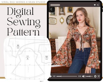 Tie Front Bell Sleeve Crop Top Sewing Pattern | Festival Boho Floral Wrap Top PDF | Digital Download Pattern | Beginner Friendly