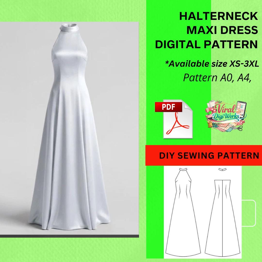Halter Neck Maxi Dress Sewing Pattern – DIY Evening Gown (digital PDF ...